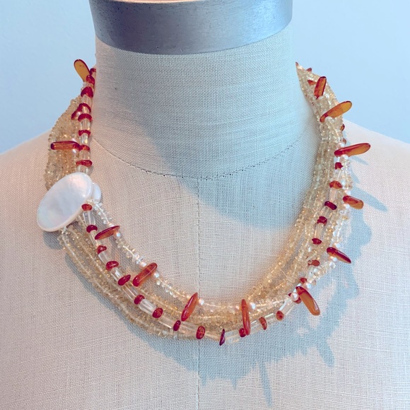 Cool Multi-Strand Citrine & Amber & Pearl Necklace - Picture 2 of 6